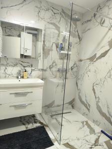 a bathroom with a shower and a sink at Luxury apartments Sarajevo-free parking in Sarajevo +20 photos