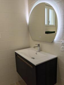 une salle de bain avec un lavabo et un miroir dans l'établissement Au bord du Tarn, à Vabre