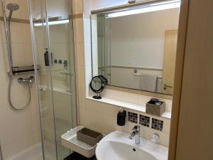 a bathroom with a sink and a shower with a mirror at Boardinghouse Gruber in Kranzberg