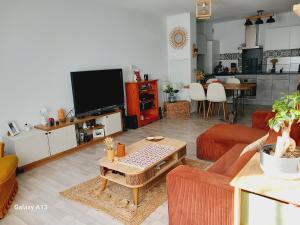 a living room with a couch and a tv at Appartement T2 Capbreton - Jardinet - Terrasse - Parking couvert in Capbreton