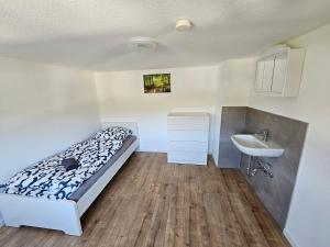 een kleine slaapkamer met een bed en een wastafel bij SIM01 Renovierte Monteurs- und Ferienwohnung in Simmerath in Simmerath +30 foto's