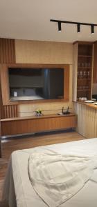 クイアバにあるFlat Premium Studio Cuiabá 701のベッドルーム(薄型テレビ、ベッド付)
