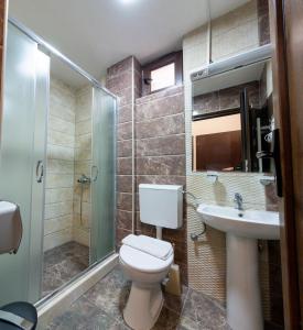 een badkamer met een toilet, een wastafel en een douche bij Konaci Manastir Sveti Stefan - Ohrid in Ohrid