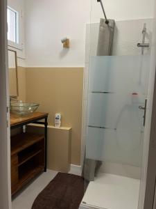 a bathroom with a shower and a sink at Au calme entre mer et montagne in Prades +7 photos