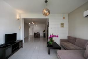 ein Wohnzimmer mit Sofa und Fernseher in der Unterkunft 3-Bedroom Stay at Macalister Road & Georgetown, Noble Villa Penang in George Town