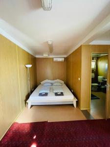 a bedroom with a large bed in a room at GreenPark Tiny House, Garden Terrace & Parking in Bekecs +3 photos