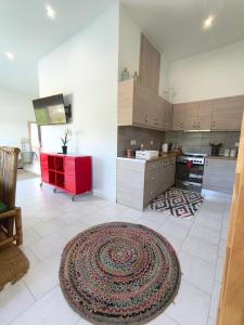 a kitchen with a large rug on the floor at Spacious Beach House Theologos in Theologos +15 photos