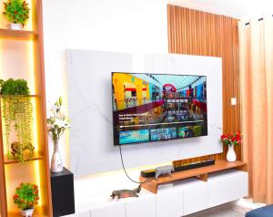 un salon avec une télévision à écran plat sur un mur dans l'établissement IMELA APARTMENT opposite ku referral, à Gatunga