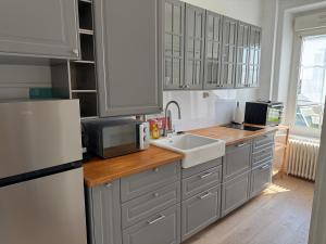 a kitchen with gray cabinets and a white refrigerator at L'authentique - Hyper centre et Gare in Saint-Brieuc