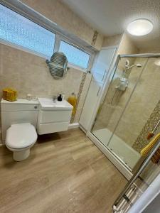 a bathroom with a shower and a toilet and a sink at Vintage Vibes in Weston-super-Mare