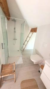 a bathroom with a glass shower and a toilet at Chambre confortable à la campagne in Dun