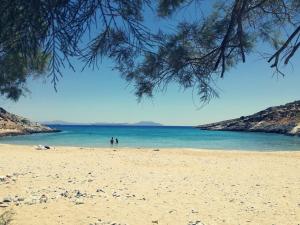 a beach with two people walking in the water at Amalthea Schinousa in Schinoussa +3 photos