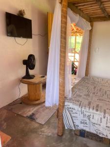 Un dormitorio con una cama con dosel y un televisor en la pared. en Hospedagem Toca das lobas, en São Thomé das Letras