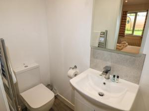 a white bathroom with a toilet and a sink at Cherry in Cowbridge