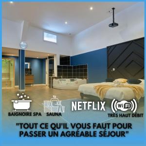 a bedroom with a bed and a bathroom with a tub at NG Prestige - Nain I Suite Spa Privatif Premium I Jacuzzi - Sauna - Netflix - Projecteur in Roubaix