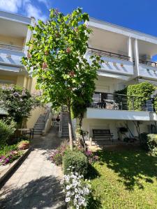 un árbol frente a un edificio con flores en Nikiti Azzurro villa, en Nikiti