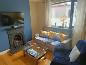 a living room with a couch and a fireplace at Dingle Atlantic Lodge Accommodation in Dingle