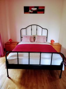 a bed with a red blanket and pink pillows at Bike&Night in Baracska