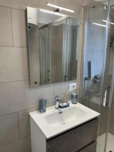 a bathroom sink with a mirror and a shower at Casa Verde Valsassina 2 in Primaluna