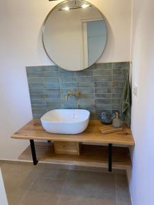 a bathroom with a sink and a mirror at Villa Botanica in Bale +5 photos