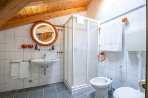 a bathroom with a shower and a toilet and a sink at Al Trovante - Gardaslowemotion in Tenno