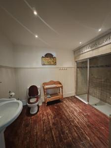 a bathroom with a toilet and a shower and a sink at Seaside studio for business or holiday travellers in Eastbourne
