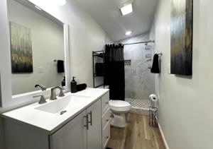 un bagno con lavandino, WC e doccia di Brand New Bungalow with Amenities a Tulsa