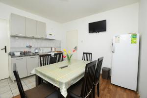 a kitchen with a table with chairs and a refrigerator at Vila Popović Plaža in Kladovo +12 photos