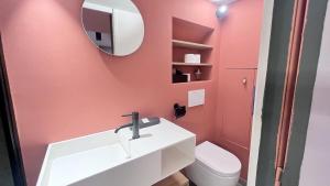 une salle de bain avec un lavabo et un miroir et des toilettes dans l'établissement Le Petit Niçois, à Nice 2 autres photos