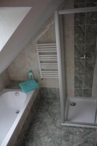 a bathroom with a shower and a sink and a tub at Ferienwohnung am Fuße des Poehlberg in Königswalde