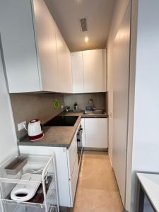 een kleine keuken met witte kasten en een spoelbak bij Villa Giny in Lignano Sabbiadoro