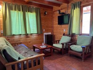 a living room with a couch and chairs and a tv at Duplex Ñancu Lahuen 1 Y 2 in Villa Traful