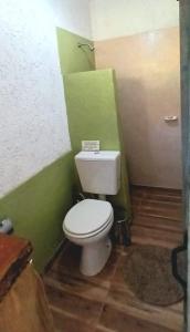 een badkamer met een toilet en groene en witte muren bij La calendula eco cabaña in Los Hornillos
