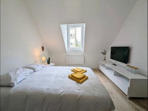 ein weißes Schlafzimmer mit einem großen Bett und einem TV in der Unterkunft Le calme in Saint-Brieuc