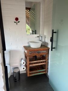 a bathroom with a sink and a toilet and a mirror at Belo Nascer 2 in Joanópolis +24 photos