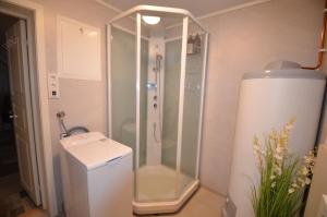 a shower in a bathroom with a toilet and a sink at H sweet H apartment free parking in Tromsø +25 photos