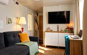 a living room with a couch and a flat screen tv at Greta Hillside in Buceş-Vulcan