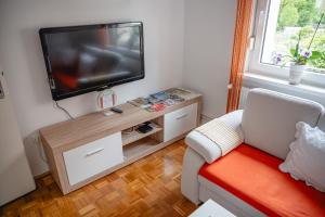 a living room with a flat screen tv and a couch at Apartma Golob in Maribor