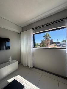 a room with a large window with a palm tree at Haven at Merensky in Windhoek