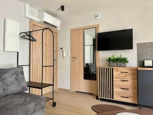 a living room with a flat screen tv on a dresser at Jungle Apartment in Krakow
