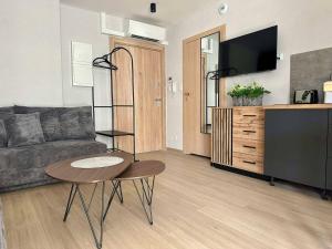 a living room with a couch and a table at Jungle Apartment in Krakow