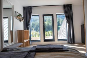 a bedroom with large windows and a large bed at Cabana VeMont in Petru Vodă