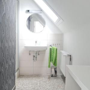 a white bathroom with a sink and a mirror at Ferienhaus am Fuchsberg in Dahme +48 photos