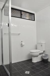a bathroom with a toilet and a shower stall at Alexandra Park Motor Inn in Bundaberg