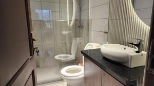 a bathroom with a toilet and a sink and a shower at Beautiful and central apartment in Tarija