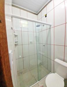 une salle de bain avec une douche en verre et des toilettes dans l'établissement Hospedaria Oliveira - Santo Amaro do Maranhão, à Queimada 17 autres photos