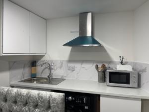 a kitchen with a microwave and a sink at Cozy mini studio in Basildon in Nevendon