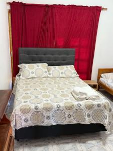a bedroom with a bed with a red curtain at Casa Irigoyen in Deán Funes
