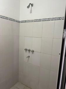 a bathroom with a shower with white tiles at Casa Irigoyen in Deán Funes