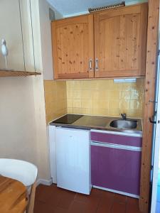 a small kitchen with a sink and wooden cabinets at AGRÉABLE STUDIO cabine PROCHE MER in La Londe-les-Maures